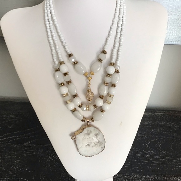 White Gold Bronze Druzy Pendant Necklace, Multi Layers White Stone Crystals Neck - Picture 7 of 10